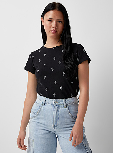 Twik: Le t-shirt imprimé coton bio manches courtes Noir à motifs pour femme