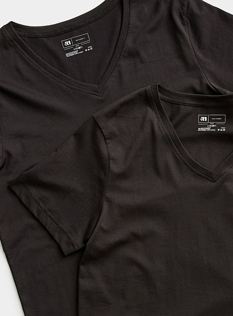 Le 31: Le t-shirt détente col V coton bio Emballage de 2 Noir pour homme