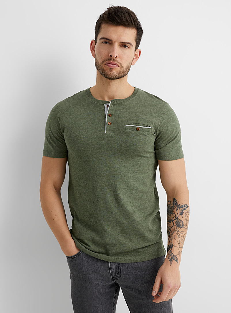Le 31 Light Grey Button-collar heathered T-shirt for men