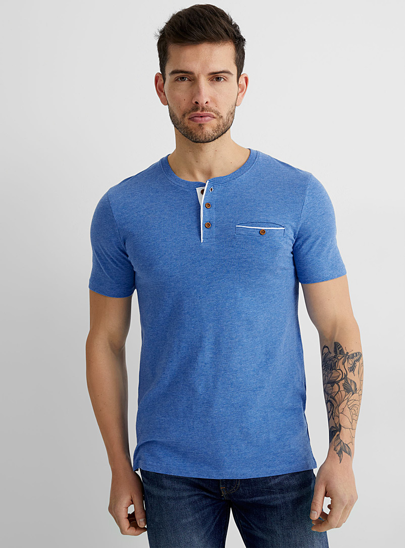 Le 31: Le t-shirt chiné col sur boutons Bleu royal-saphir pour homme