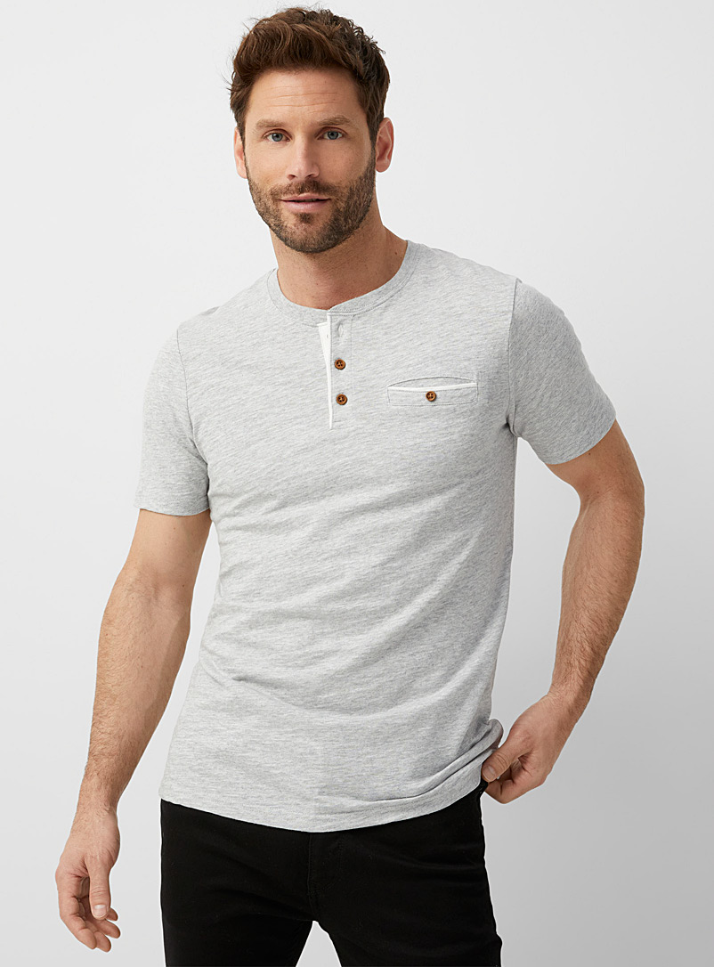 Le 31 Light Grey Button-collar heathered T-shirt for men