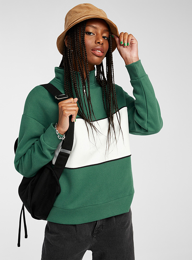 Twik Mossy Green Colour block half-zip sweatshirt for women