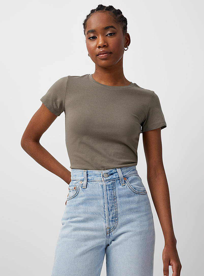 Twik: Le t-shirt col rond manches courtes coton bio Kaki chartreuse pour femme