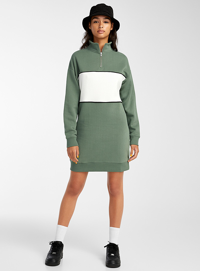Twik Mossy Green Accent band half-zip cotton fleece dress for women