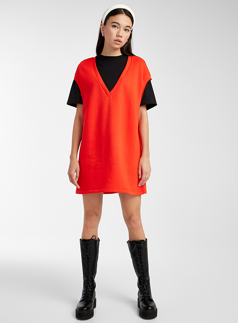 Twik Red Cotton fleece V-neck tank dress for women