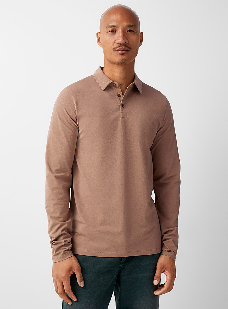 Le 31 Light Brown Long sleeves stretch organic cotton polo for men