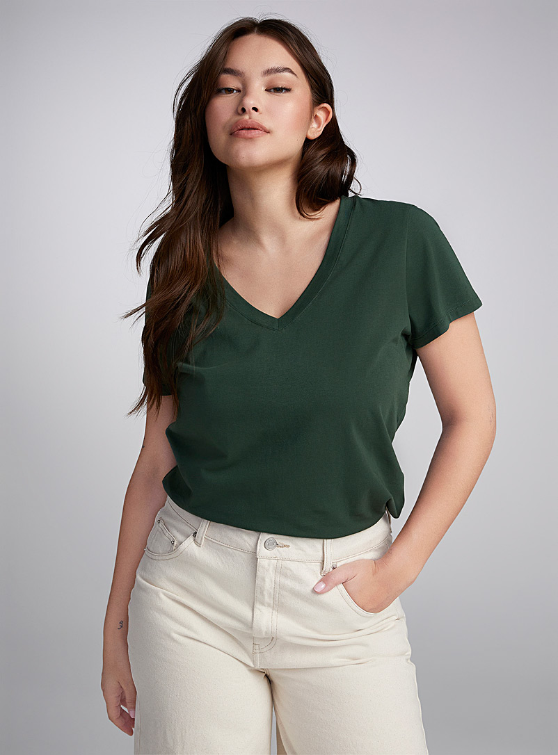 Twik: Le t-shirt col V jersey léger <b>Coupe ajustée</b> Vert pour femme