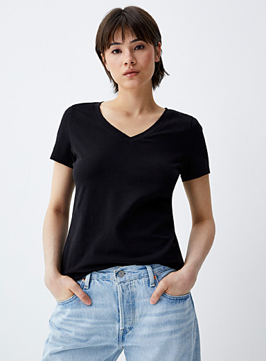 Twik: Le t-shirt col V jersey léger Noir pour femme
