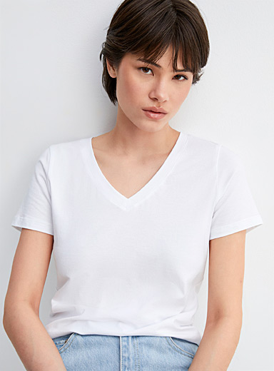 Twik: Le t-shirt col V jersey léger Blanc pour femme