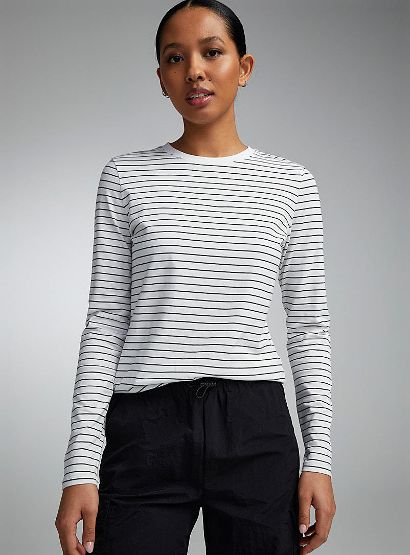 Twik Black and White Pinstriped lightweight T-shirt <b>Slim fit</b> for women