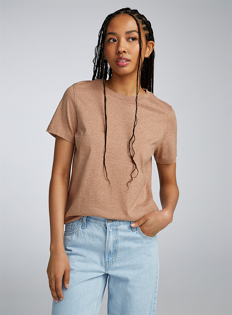 Twik Light Brown Solid thin jersey crew-neck tee <b>Relaxed fit</b> for women