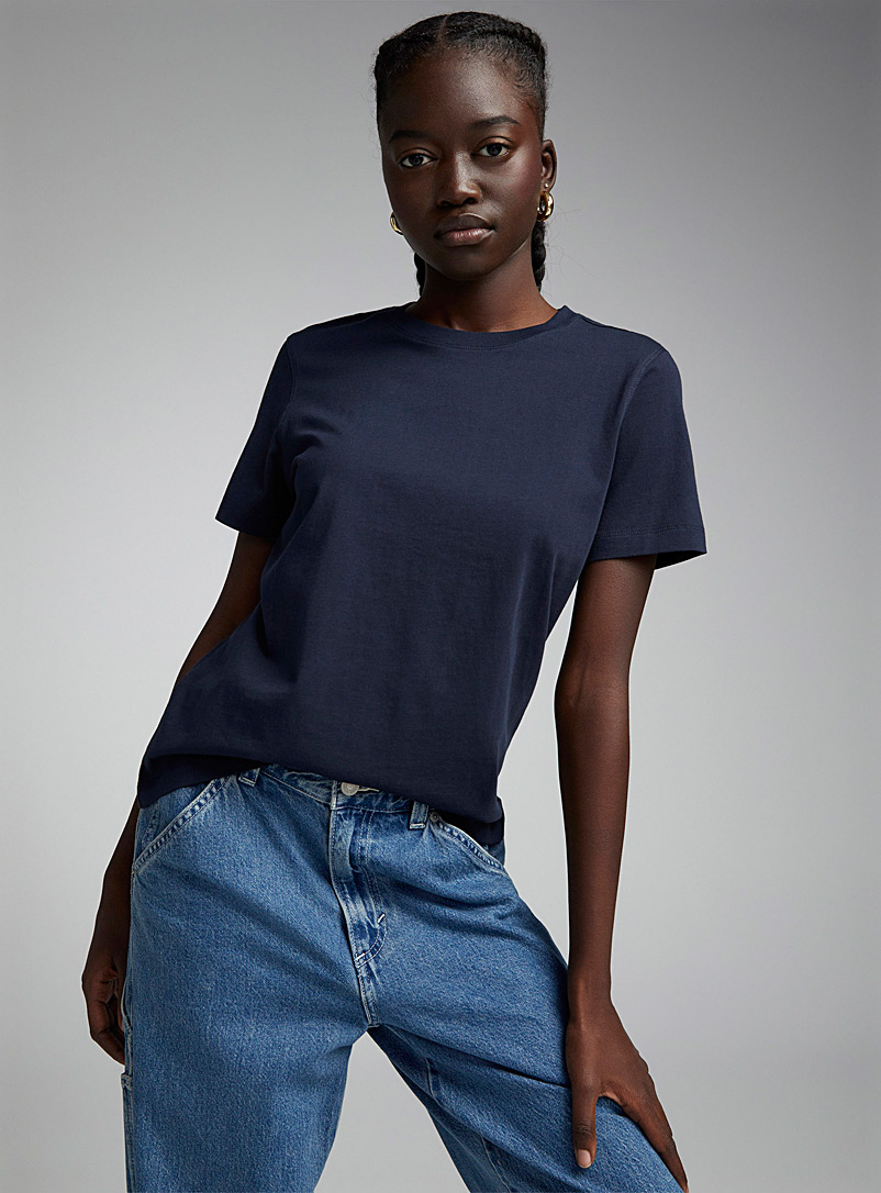 Twik Navy/Midnight Blue Solid thin jersey crew-neck tee <b>Relaxed fit</b> for women