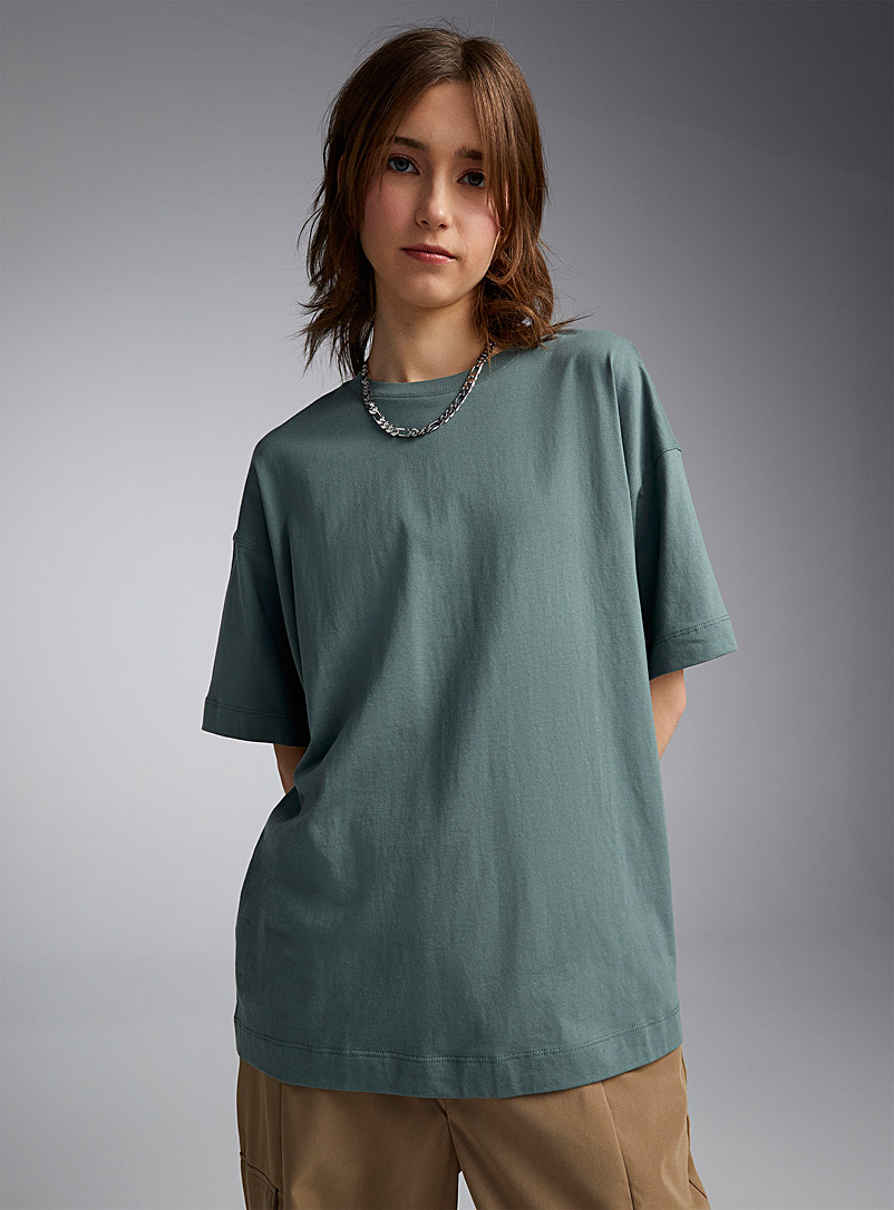 Twik: Le t-shirt col rond jersey mince uni <b>Coupe ample</b> Vert pour femme
