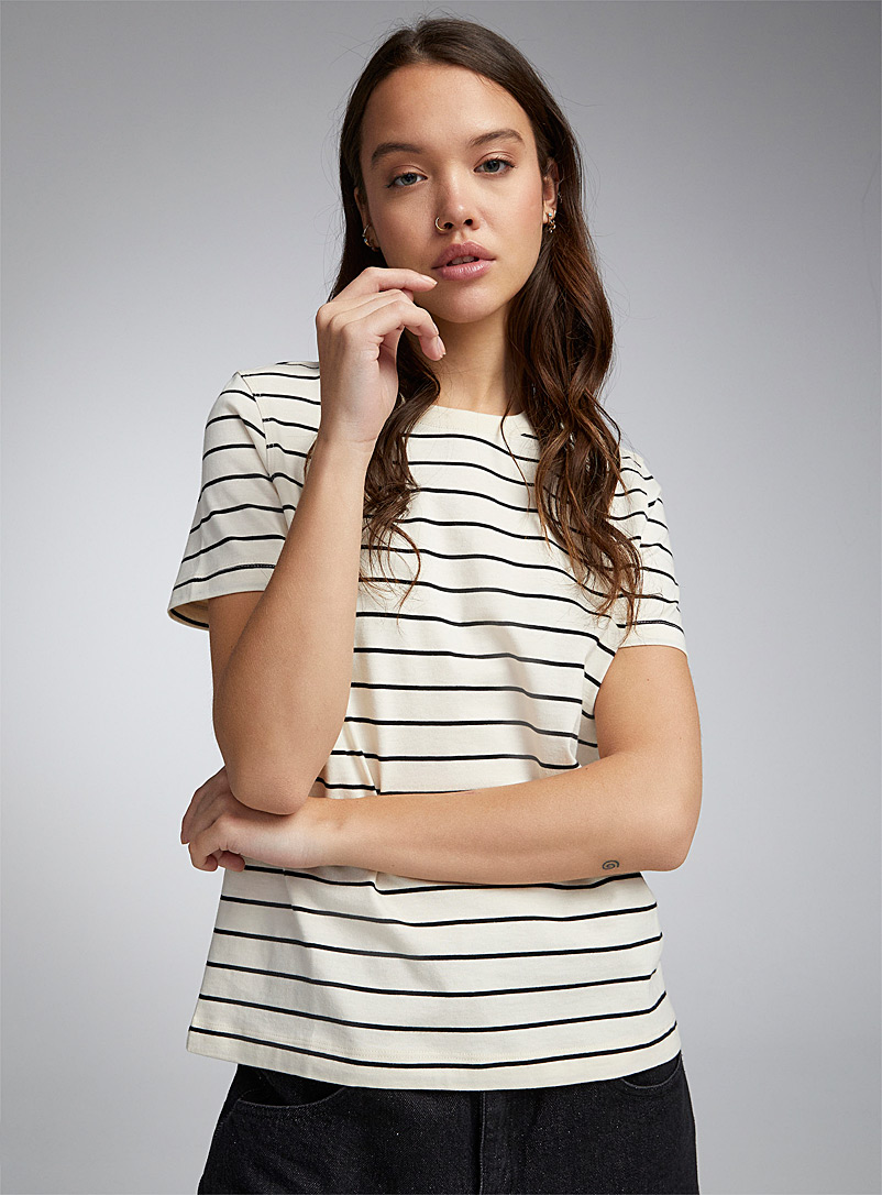 Twik Cream Beige Striped thin jersey short-sleeve tee <b>Relaxed fit</b> for women
