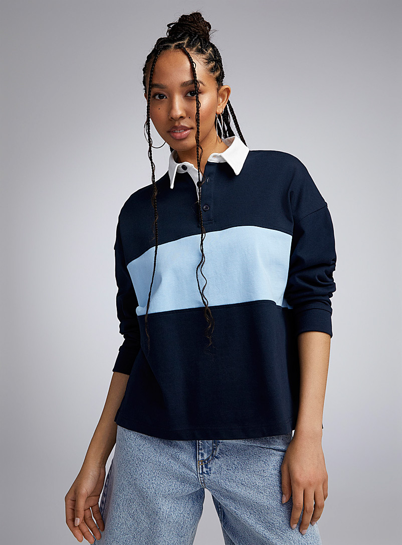 Twik Patterned Blue Contrasting polo collar sweatshirt for women