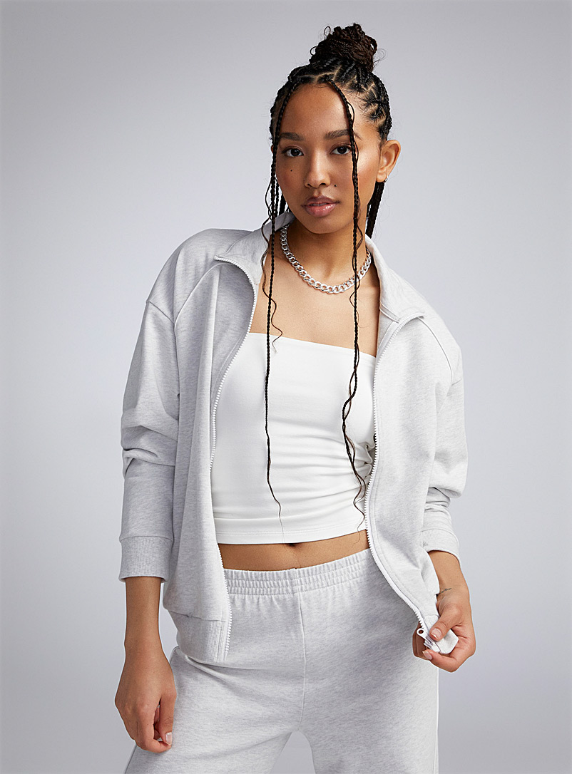 Twik Grey White piping zip-up jacket for women