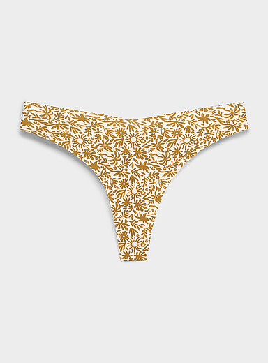 Miiyu: Le tanga dense coup&eacute; laser Nylon recycl&eacute; Jaune &agrave; motifs pour femme