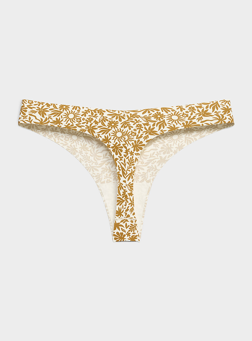 Miiyu: Le tanga dense coup&eacute; laser Nylon recycl&eacute; Jaune &agrave; motifs pour femme