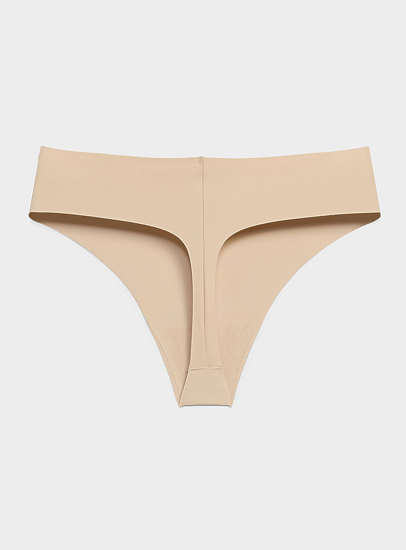 Miiyu Beige Stretch laser-cut high-waist thong Recycled nylon for women