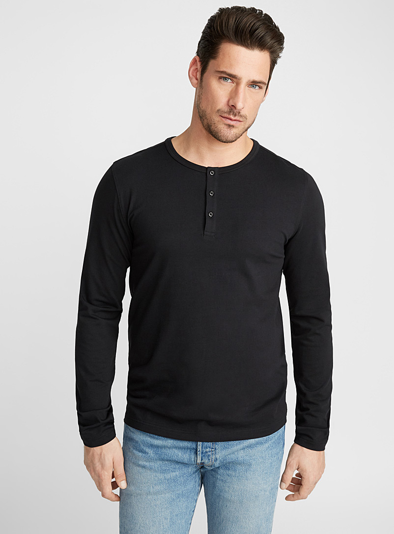 Le 31 Black Stretch organic cotton Henley T-shirt for men