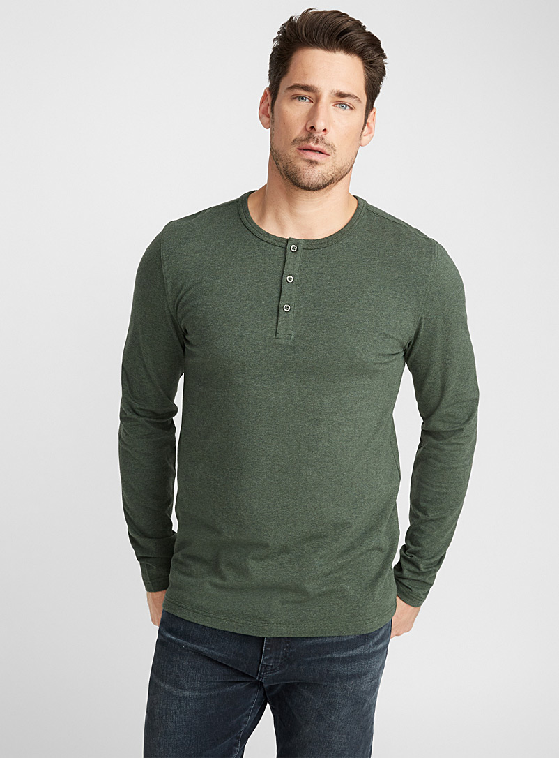 Le 31: Le t-shirt henley coton bio extensible Vert foncé-mousse-olive pour homme