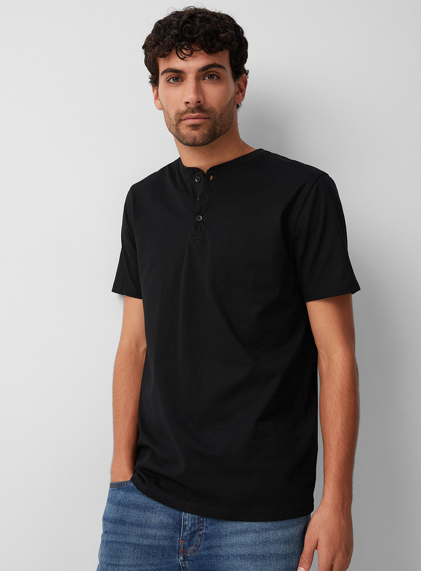 Le 31 100% Organic Cotton Henley T-shirt Standard Fit In Black