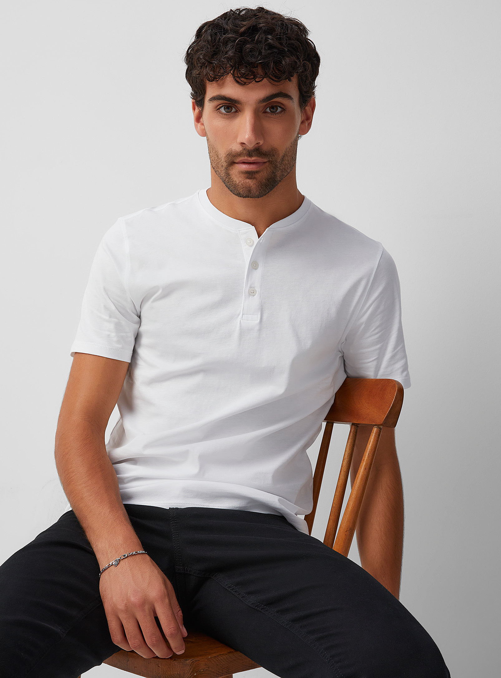Le 31 100% Organic Cotton Henley T-shirt Standard Fit In White