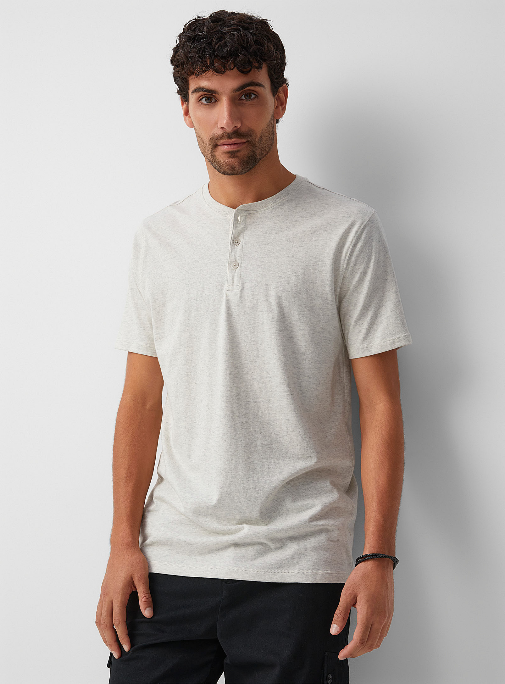 Le 31 100% Organic Cotton Henley T-shirt Standard Fit In Ecru/linen