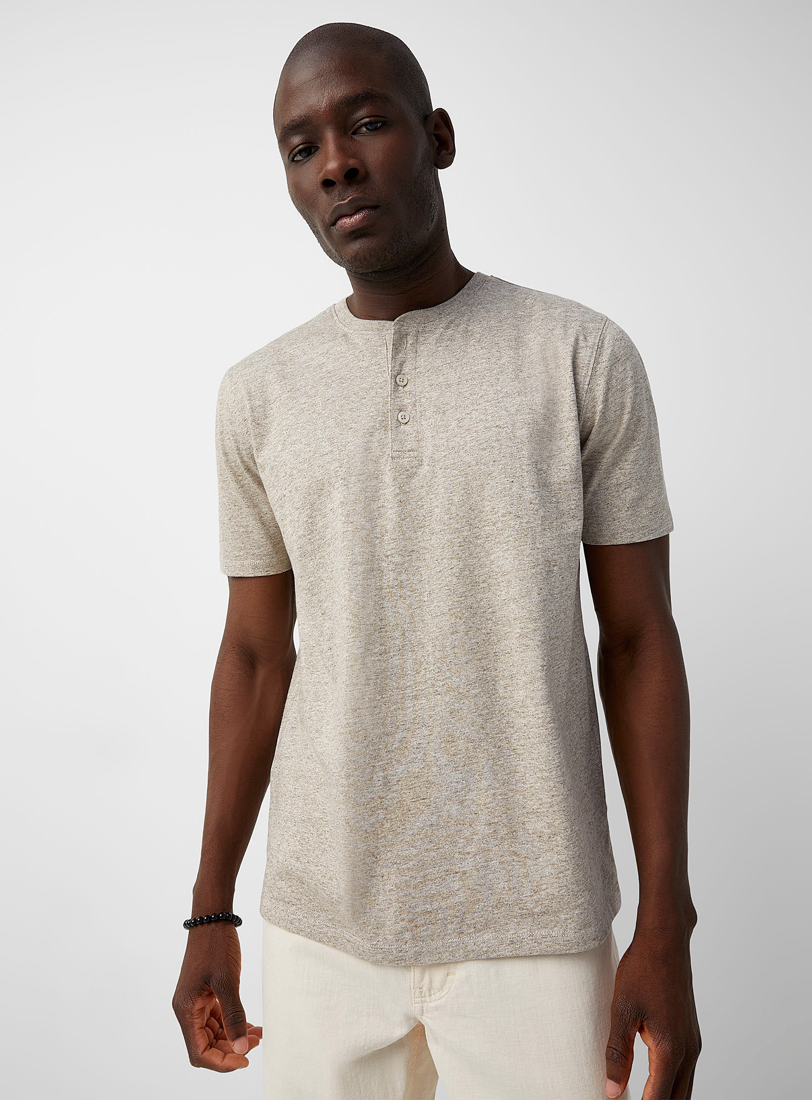 Le 31 100% Organic Cotton Henley T-shirt Standard Fit In Light Brown