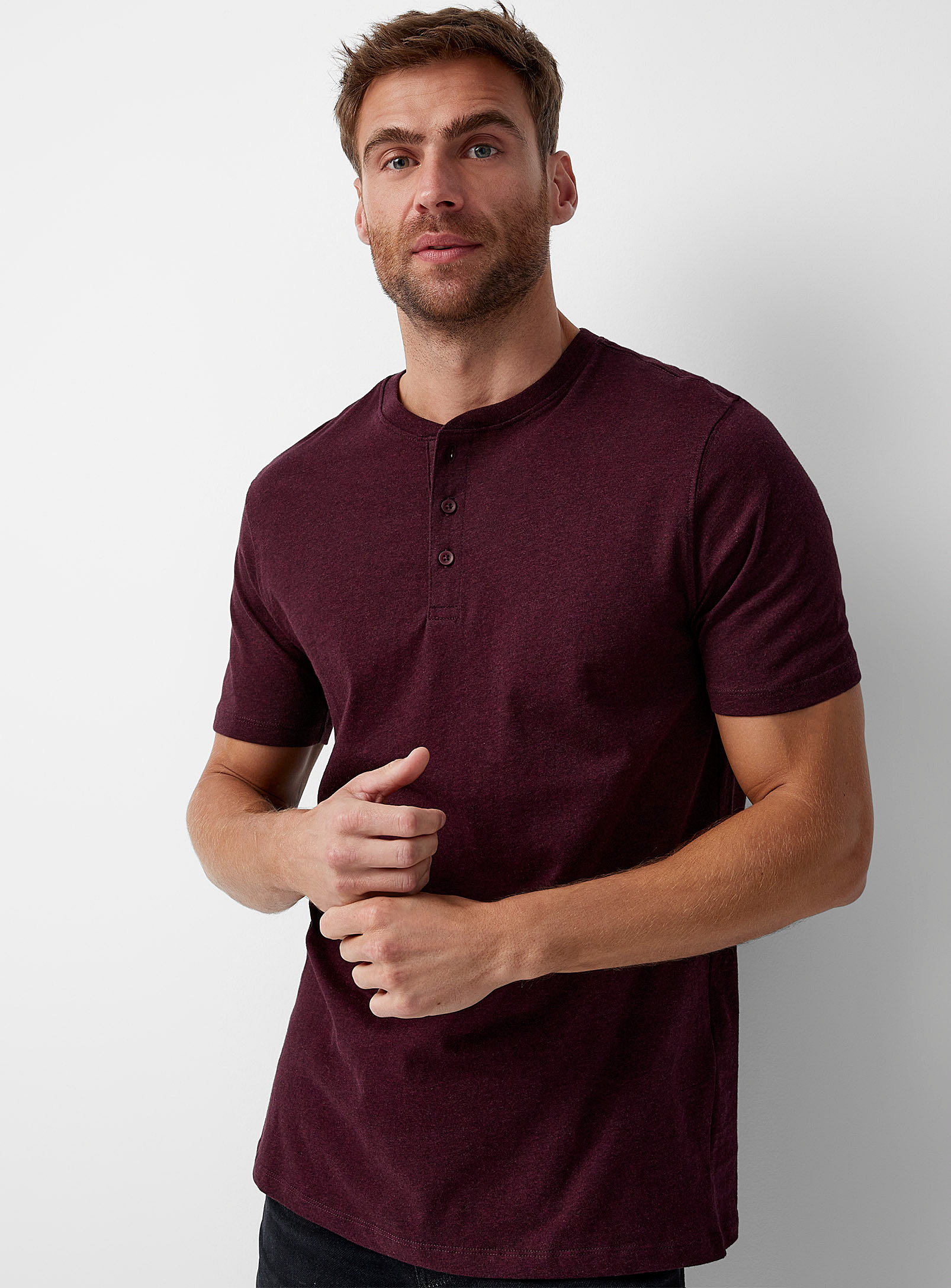 Le 31 - 100% organic cotton henley T-shirt (Men, Red, X-SMALL)