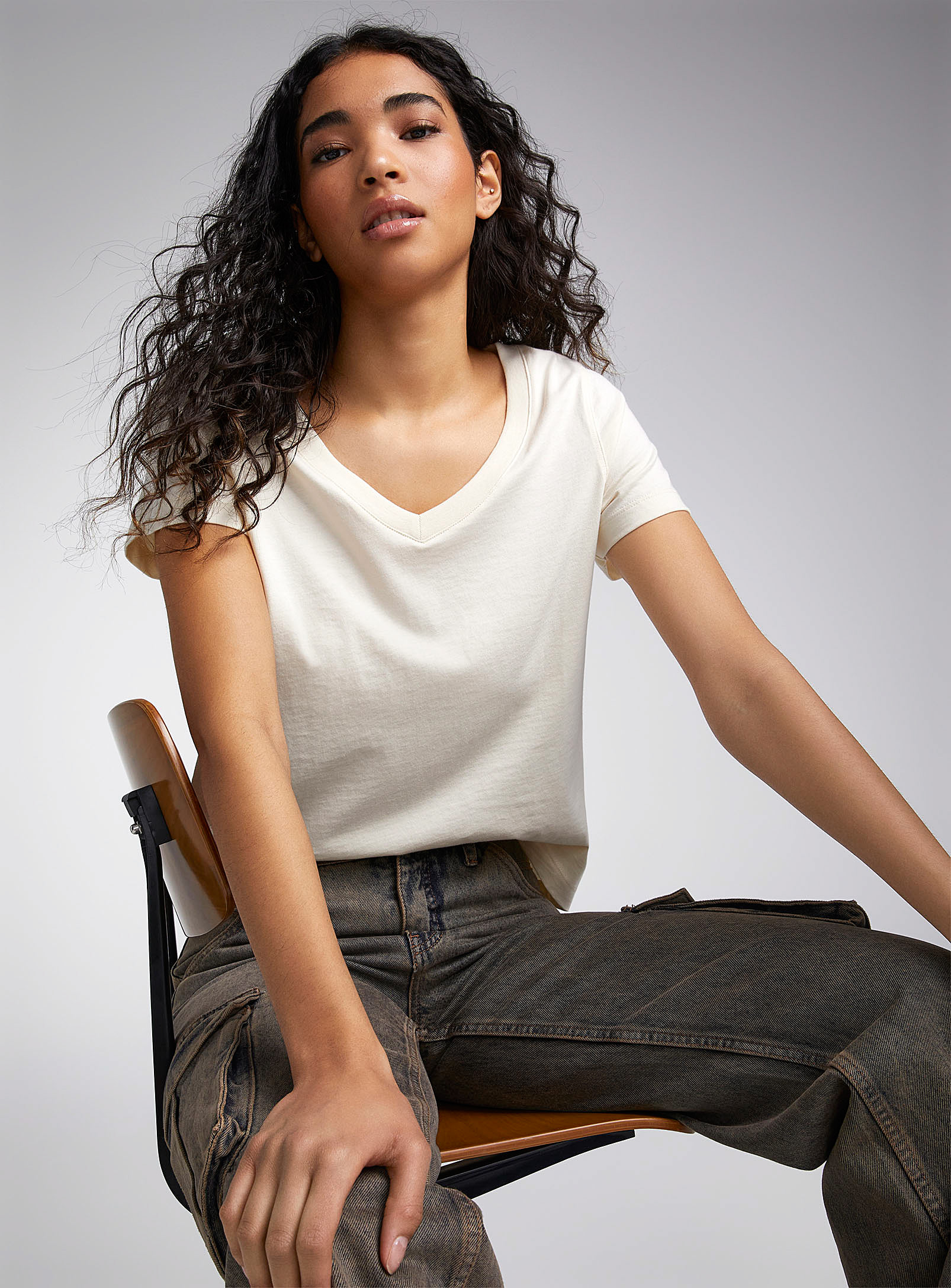 Twik Solid Thin Jersey V-neck Tee Relaxed Fit In Ivory/cream Beige