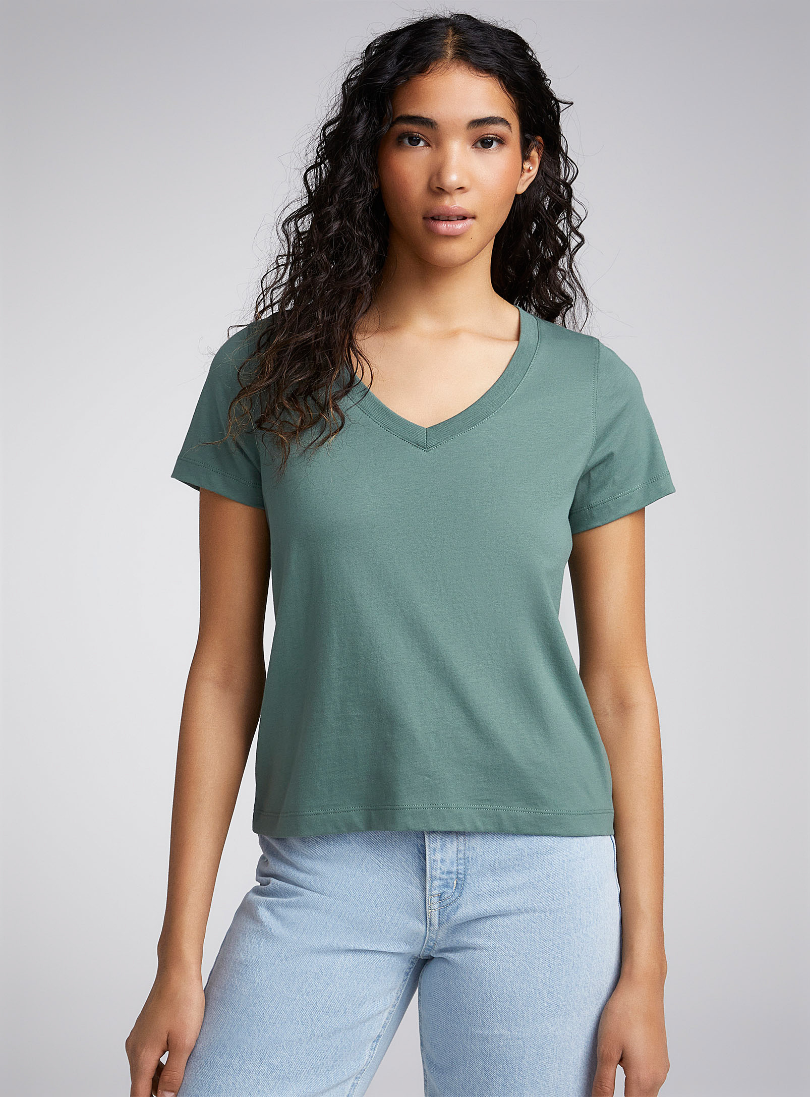 Twik Solid Thin Jersey V-neck Tee Relaxed Fit In Green