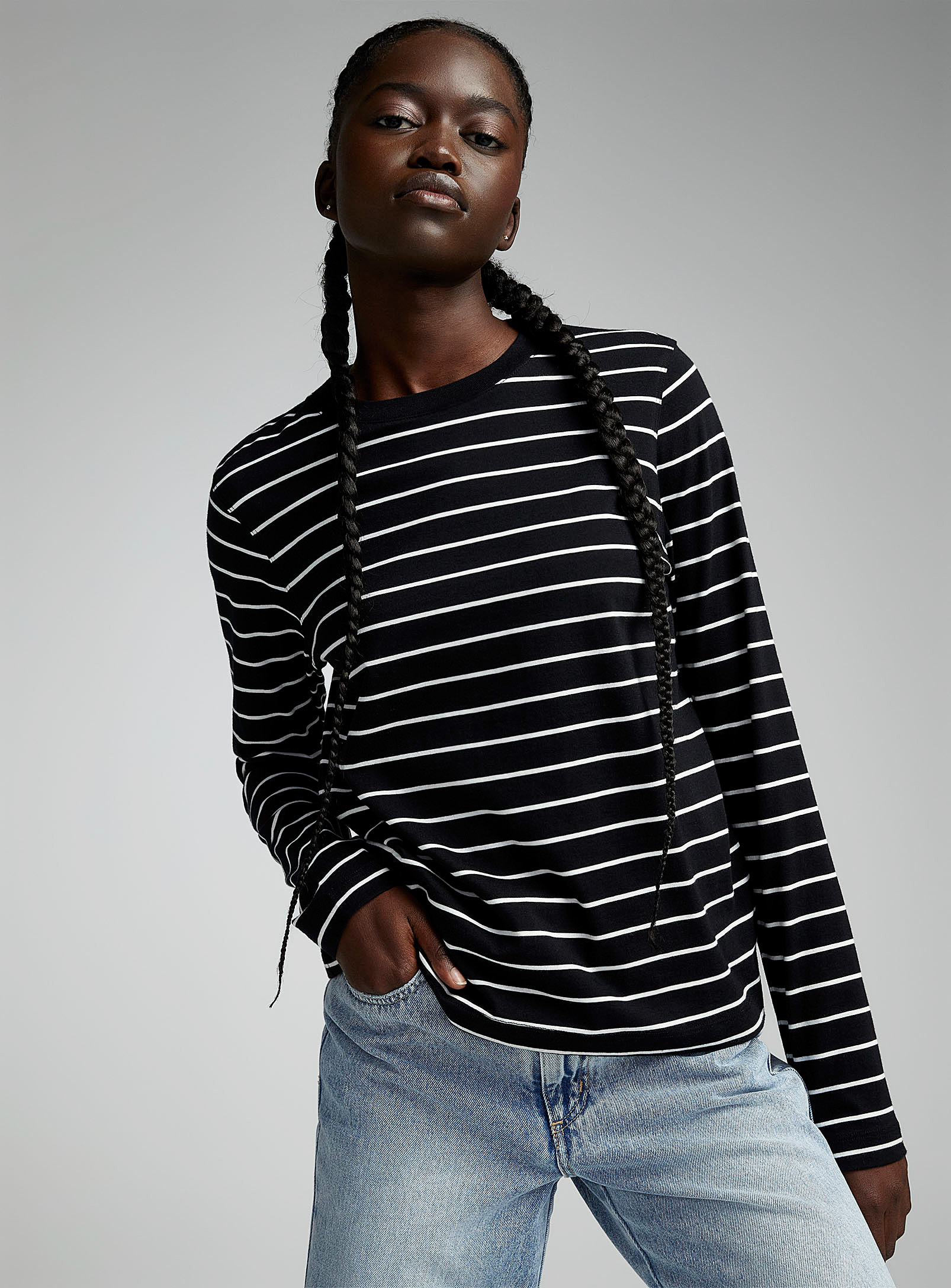 Twik Striped Long Sleeves Thin Jersey T-shirt Relaxed Fit In Black