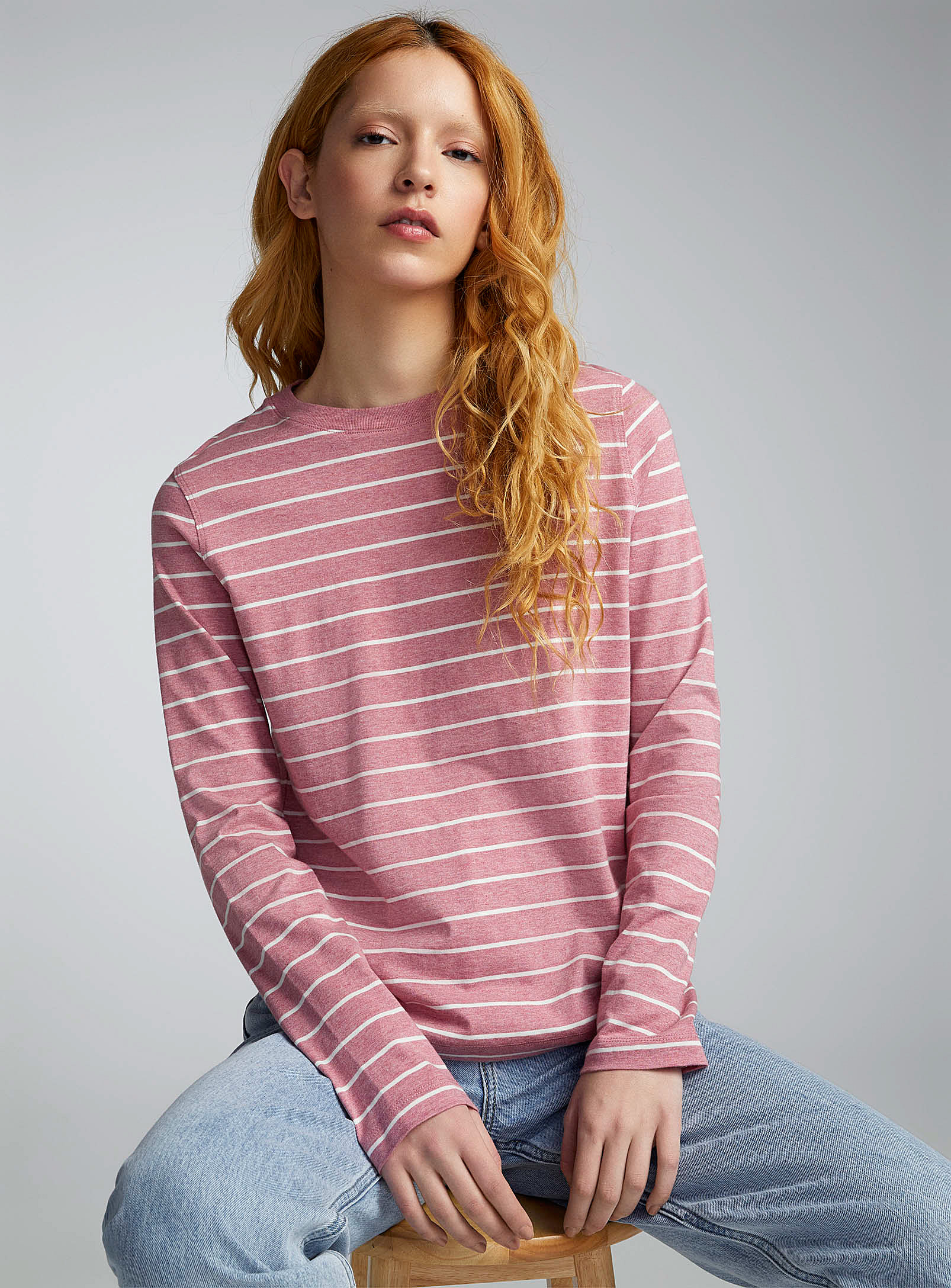 Twik Striped Long Sleeves Thin Jersey T-shirt Relaxed Fit In Medium Pink