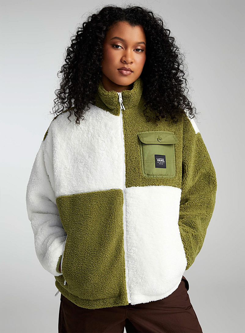 Vans: La veste carrés Sherpa et peluche Vert pour femme