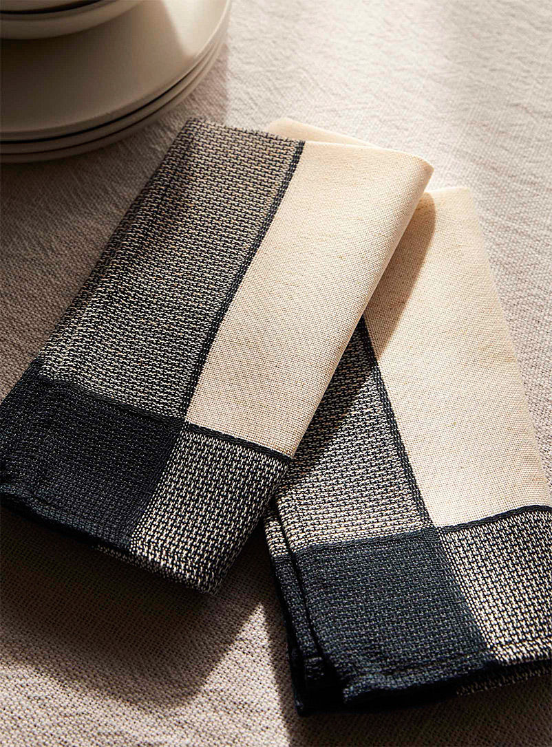 Simons Maison: Les serviettes de table polyester recyclé et lin bordure marine Ensemble de 2 Blanc à motifs