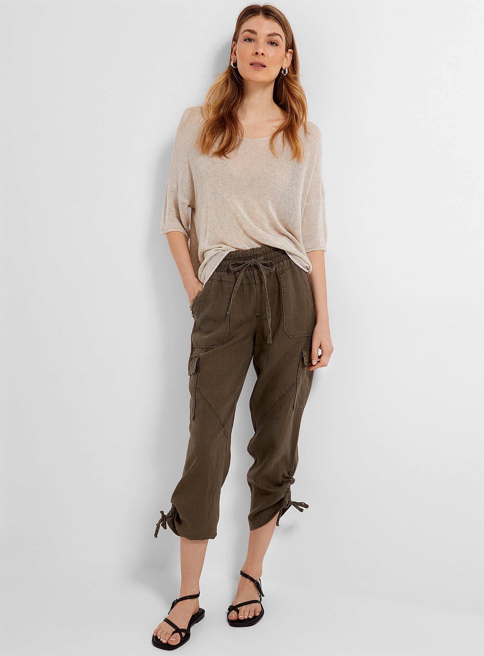 Melissa Nepton Gathered Ankles Pure Linen Cargo Pant In Green