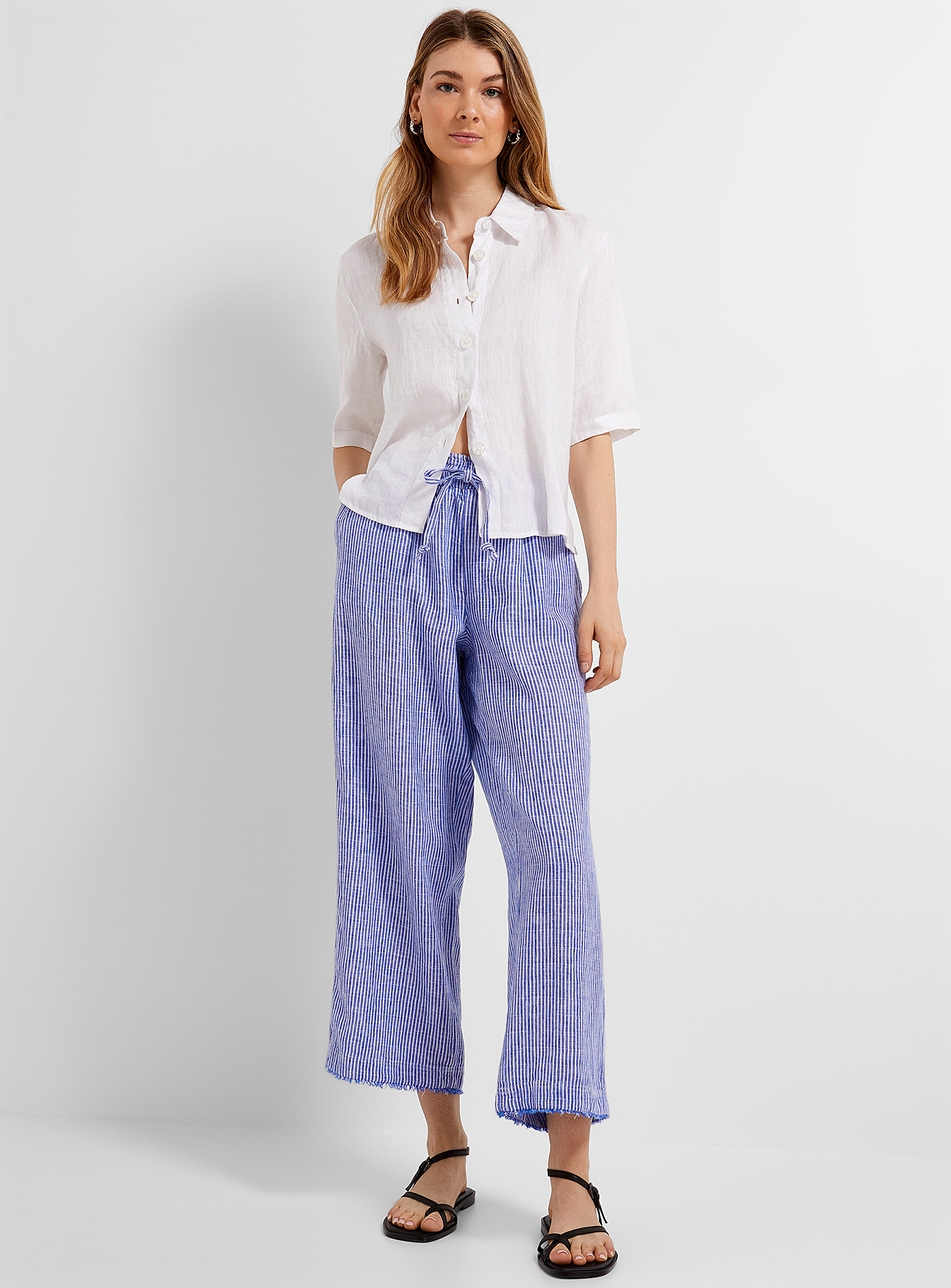 Melissa Nepton Frayed Edging Nautical Stripes Linen Pant In Patterned Blue