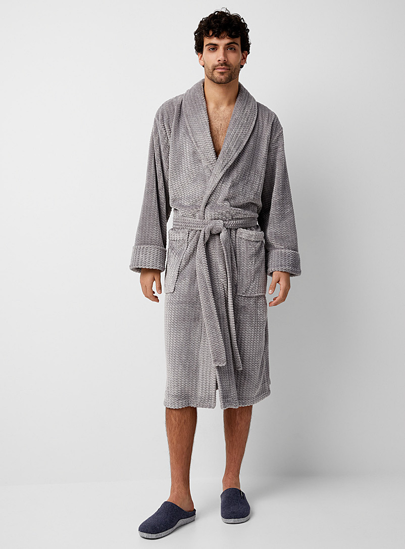 Daniel Buchler Grey Honeycomb polar fleece robe for men