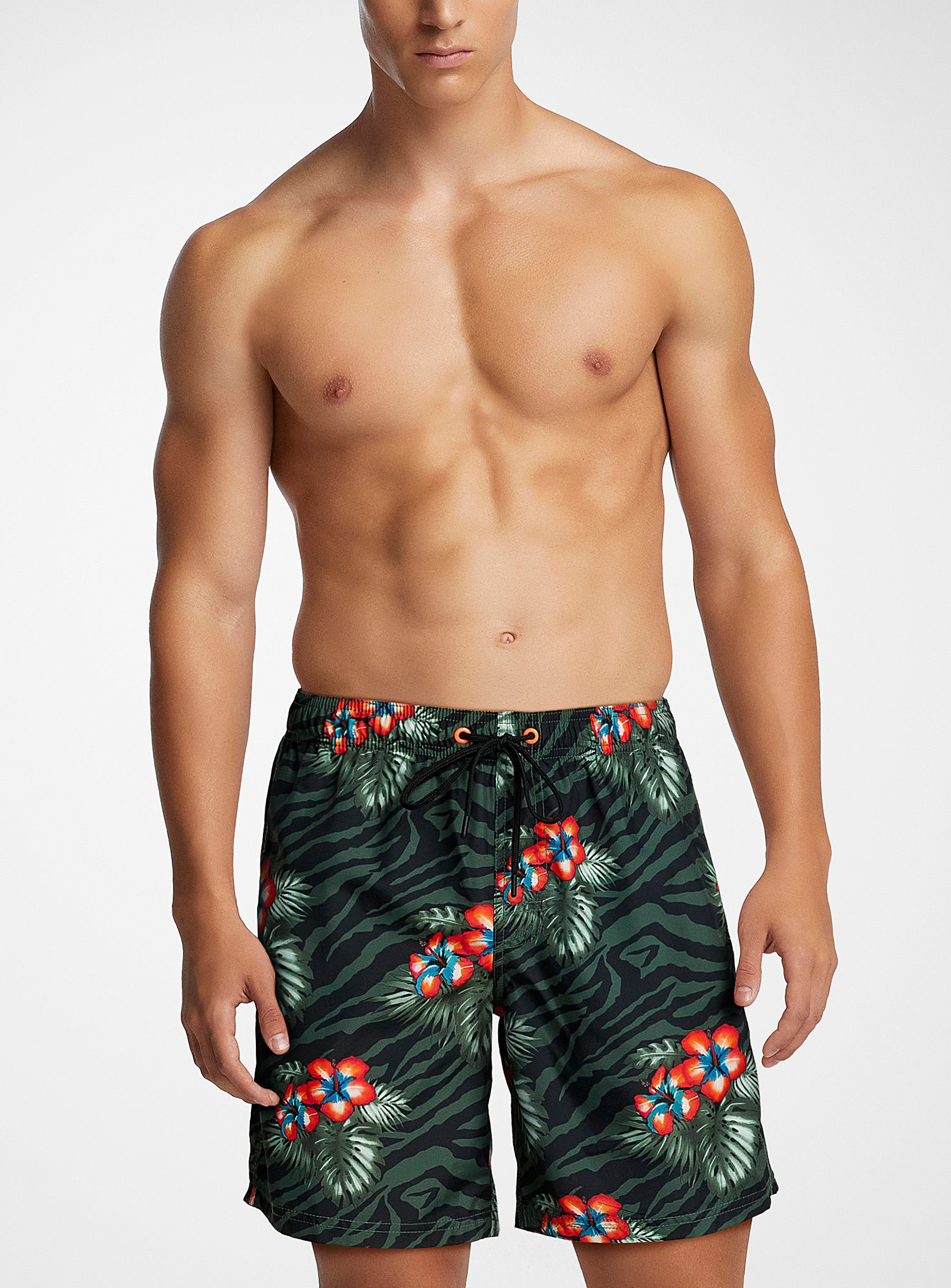Sundek Hibiscus And Palm Tree Swim Trunk In Patterned Green