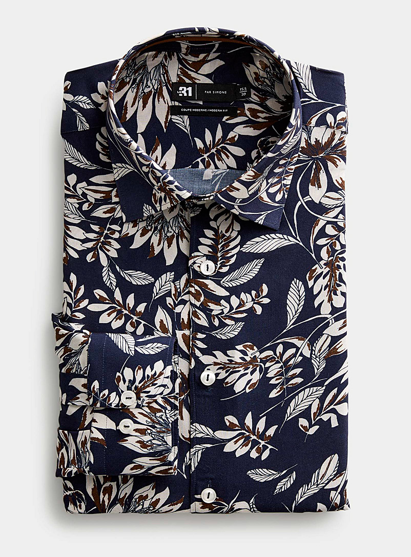 Le 31 Patterned Blue Contrasting foliage fluid shirt Modern fit for men