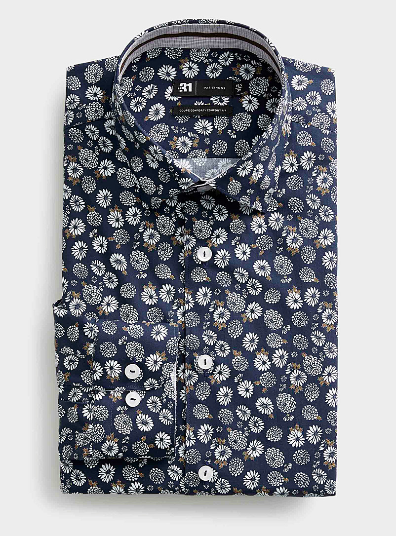 Le 31 Patterned Blue Contrast flower 100% cotton shirt Comfort fit for men