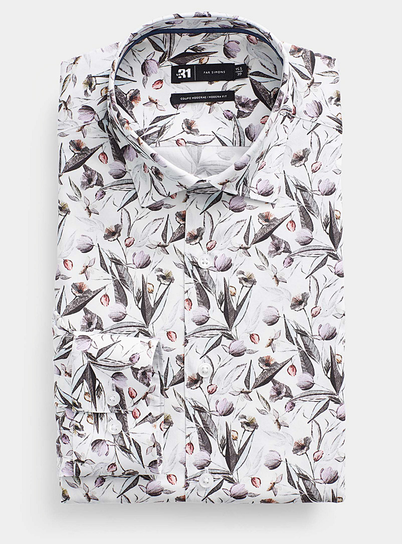 Le 31 Patterned White Drawn garden shirt Modern fit for men