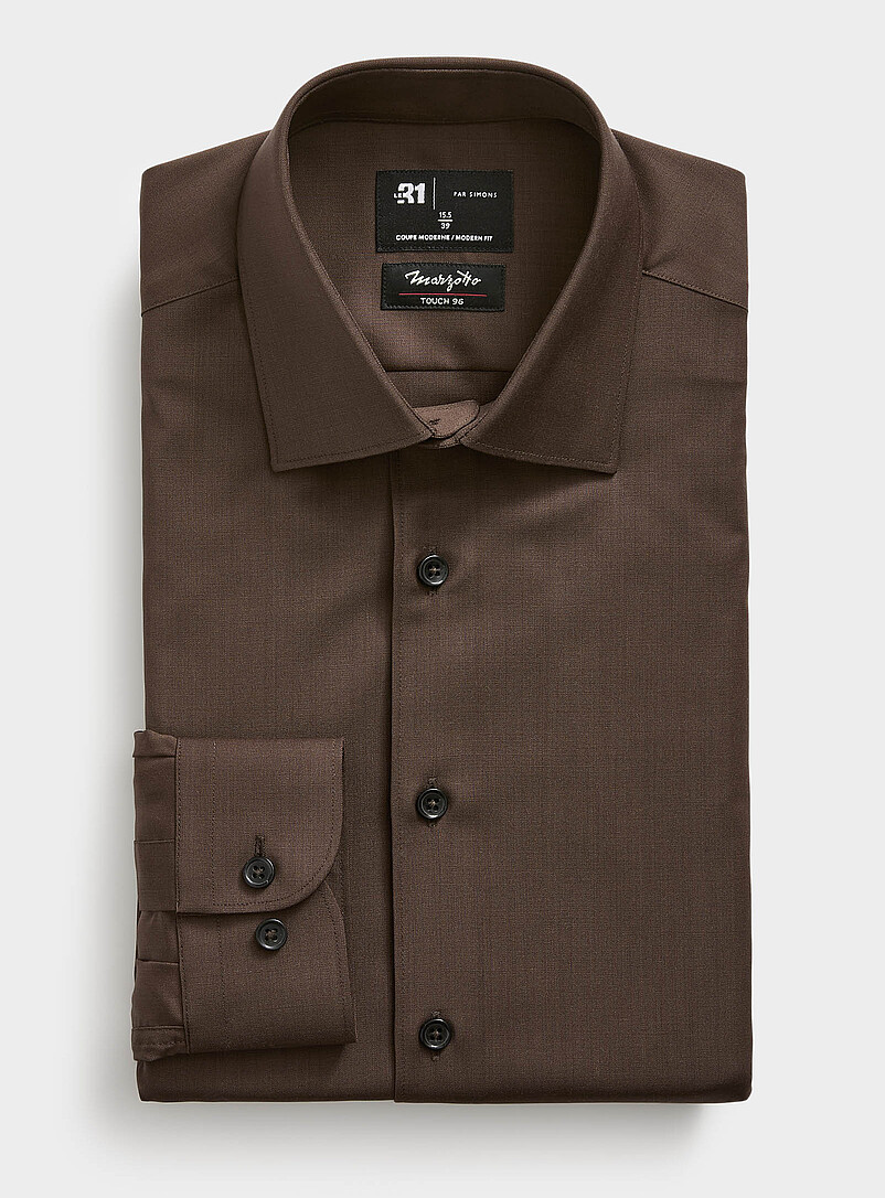 Le 31: La chemise pure laine Marzotto Touch 96 <b>Coupe moderne</b> Brun pour homme