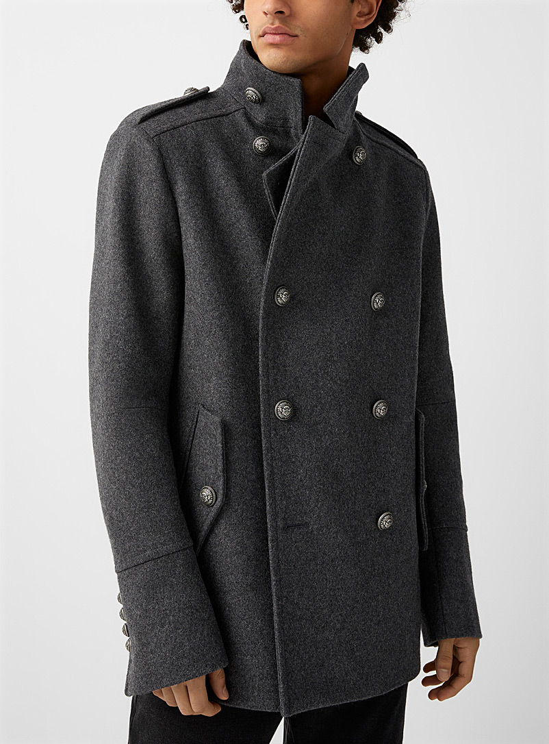 Balmain Grey Signature buttons felted wool peacoat for men
