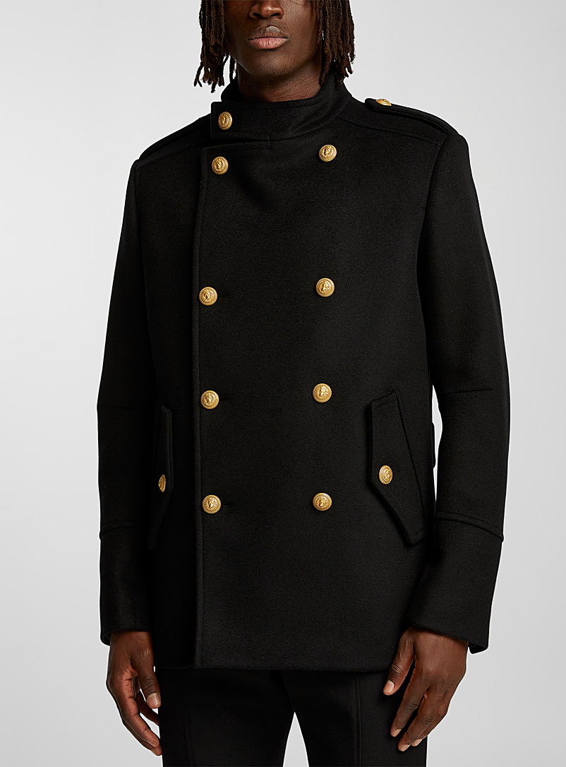 Balmain: Le manteau officier en laine double boutonnage Noir pour homme