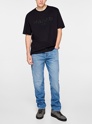 Balmain: Le jean droit d&eacute;lav&eacute; doubles surpiq&ucirc;res Bleu pour homme