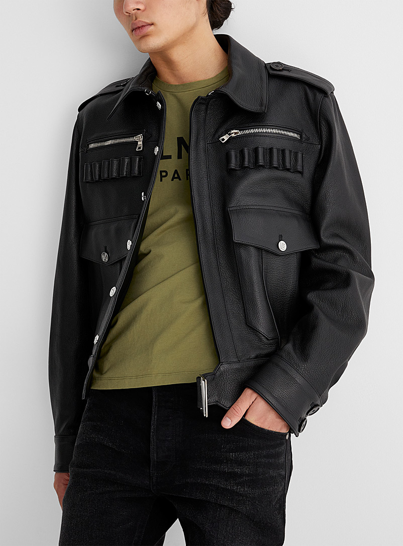 Balmain Black Genuine leather bomber jacket for men