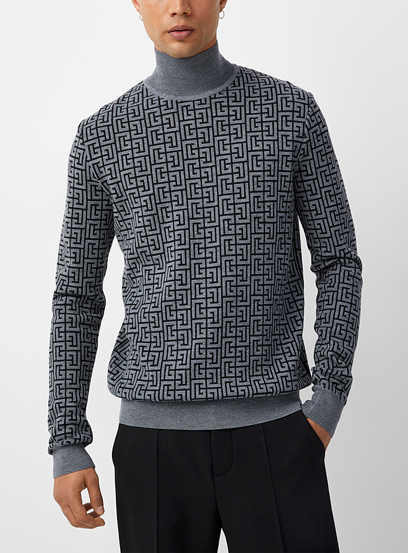 Balmain Grey Monogram pattern mock-neck sweater for men