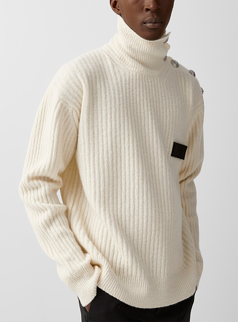Balmain Ivory White Buttoned shoulder mock-neck sweater for men